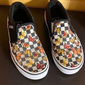 Vans Kids' Size 2 Black and Cream Butterfly Slip-On Sneakers